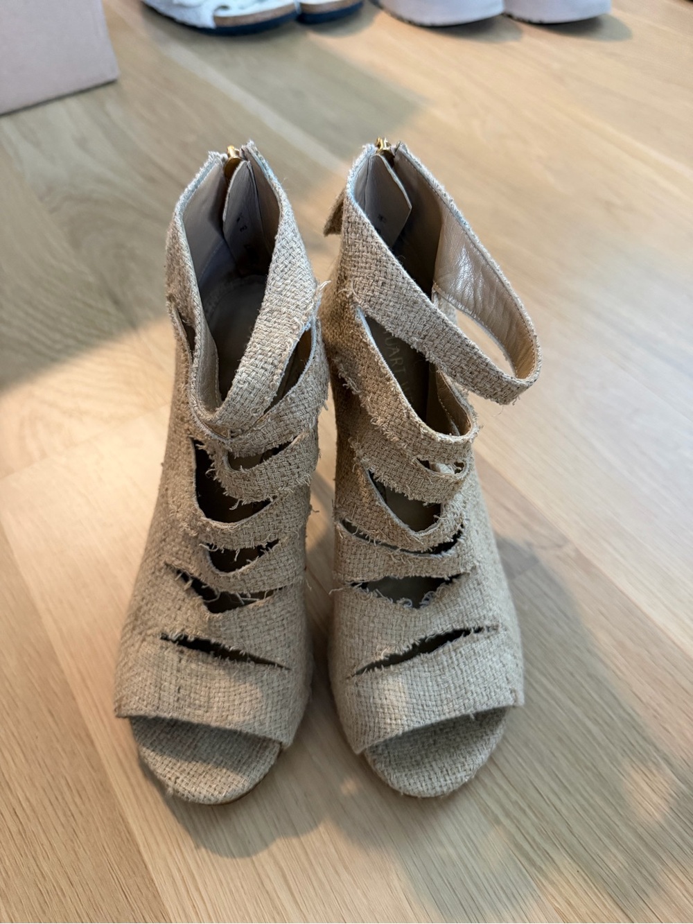 Stuart Weitzman Beige Cutout Peep-Toe Ankle Heels
